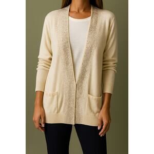 Tory Burch Gaugino Sweater Cardigan Wool Studded Open Front Beige Gold Size XL